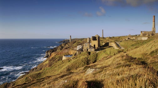 The surface remains of Levant Mine, near St Just, Cornwall, including stacks and beam engine houses